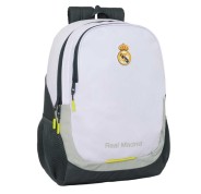 Safta Real Madrid Mochila Escolar de 23L - Adaptable a Carro - 2 Compartimentos - Portabotellas - 32x44x16cm - Color Blanco y Negro