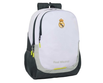 Safta Real Madrid Mochila Escolar de 23L - Adaptable a Carro - 2 Compartimentos - Portabotellas - 32x44x16cm - Color Blanco y Negro