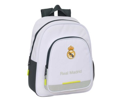 Safta Real Madrid Mochila Infantil de 10L - Adaptable a Carro - 2 Compartimentos - Portabotellas - 28x34x10cm - Color Blanco y Negro