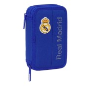 Safta Real Madrid Plumier de 2 Pisos - 29 Piezas - 1L - Goma - Lapiz - Boligrafos - Sacapuntas - 10 Colores - 14 Rotuladores - 125x40x195mm - Color Azul