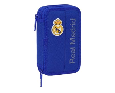 Safta Real Madrid Plumier de 2 Pisos - 29 Piezas - 1L - Goma - Lapiz - Boligrafos - Sacapuntas - 10 Colores - 14 Rotuladores - 125x40x195mm - Color Azul