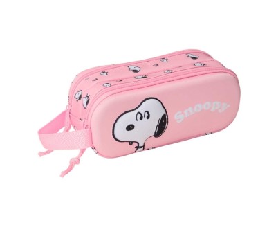 Safta Snoopy Estuche Portatodo 3D de 1L - 2 Compartimentos - Cierre de Cremallera - Asa de Mano - 21x8x6cm - Color Rosa Pastel