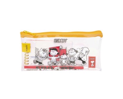 Safta Snoopy Pack Escolar con Portatodo de PVC - Cierre ZIP - Regla 15cm - 2 Lapices - Sacapuntas - Goma - Bloc de Notas con 70 Hojas - 225x105mm - Color Transparente