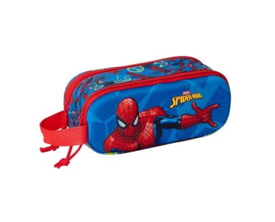 Safta Spider-Man Estuche Portatodo 3D de 1L - 2 Compartimentos - Cierre de Cremallera - Asa de Mano - 21x8x6cm - Color Rojo y Azul