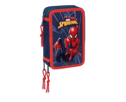 Safta Spider-Man Plumier de 3 Pisos - 37 Piezas - 1.3L - Goma - Lapiz - Boligrafos - Sacapuntas - Reglas - 16 Colores - 14 Rotuladores - 125x55x195mm - Color Azul Marino