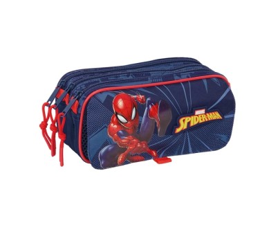Safta Spider-Man Portatodo - 3 Compartimentos con Cremalleras - Bolsillo Frontal - Cinta Adaptable - 1.72L - 215x80x100mm - Color Azul Marino