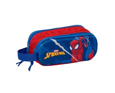 Safta Spider-Man Portatodo 3D - 2 Compartimentos con Cremallera - Asa Lateral - Capacidad 1L - 21x8x6cm - Color Rojo y Azul