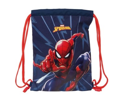 Safta Spider-Man Saco Plano - Bolsillo con Cremallera - Cierre con Cordones - 3L - Ligero y Compacto - 260x10x340mm - Color Azul Marino