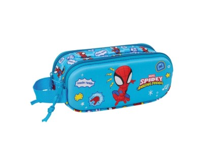 Safta Spidey Portatodo 3D - 2 Compartimentos con Cremallera - Asa Lateral - Capacidad 1L - 21x8x6cm - Color Azul