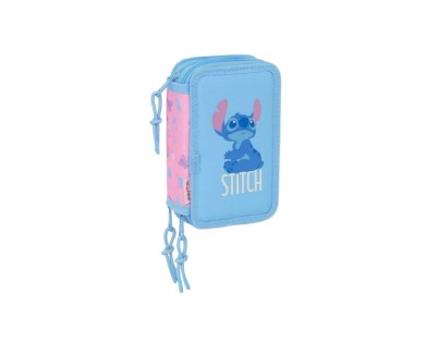 Safta Stitch Bright Plumier de 3 Pisos - 37 Piezas - 1.3L - Goma - Lapiz - Boligrafos - Sacapuntas - Reglas - 16 Colores - 14 Rotuladores - 125x55x195mm - Color Azul
