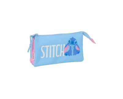 Safta Stitch Bright Portatodo - 3 Compartimentos con Cremalleras - Bolsillo Interior - 0.6L - 220x30x120mm - Color Azul