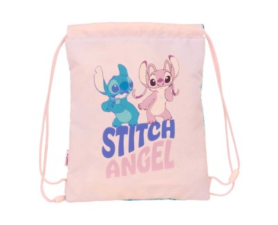 Safta Stitch Ohana Saco Plano - Bolsillo con Cremallera - Cierre con Cordones - 3L - 260x10x340mm - Color Rosa Pastel
