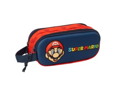 Safta Super Mario Estuche Portatodo 3D - 2 Compartimentos - Asa de Mano - 21x8x6cm - Color Rojo y Azul