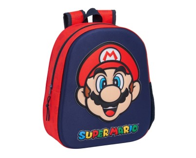 Safta Super Mario Mochila 3D - Asa de Mano - Portabotellas Lateral - 27x33x10cm - Color Rojo y Azul