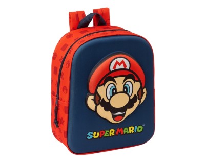 Safta Super Mario Mochila Guarderia 3D - Asa de Mano - Compartimento Principal con Cremallera - 22x27x10cm - Color Rojo y Azul