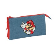 Safta Super Mario Portatodo - 3 Compartimentos con Cremallera - Bolsillo Interior Central - 22x12x3cm - Color Rojo y Azul