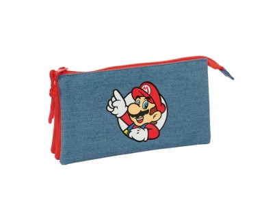 Safta Super Mario Portatodo - 3 Compartimentos con Cremallera - Bolsillo Interior Central - 22x12x3cm - Color Rojo y Azul