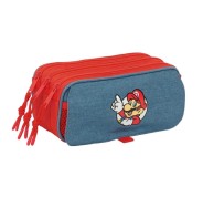 Safta Super Mario Portatodo - 3 Compartimentos con Cremallera - Cinta Trasera Adaptable - Bolsillo Frontal de Rejilla con Velcro - 21.5x10x8cm - Color Rojo y Azul