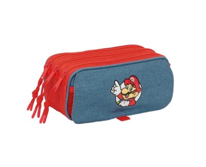 Safta Super Mario Portatodo - 3 Compartimentos con Cremallera - Cinta Trasera Adaptable - Bolsillo Frontal de Rejilla con Velcro - 21.5x10x8cm - Color Rojo y Azul