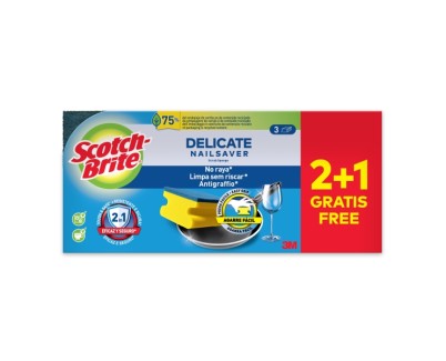 Scotch-Brite Delicate Pack de 3 Estropajos de Cocina - Proteccion para los Dedos - Promocion 2 + 1 Gratis - No Raya - Color Amarillo
