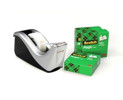 Scotch Magic Dispensador de Cinta Adhesiva - Para Cintas de hasta 19mm x 33m - Incluye 4 Cintas Adhesivas - Color Negro/Plata