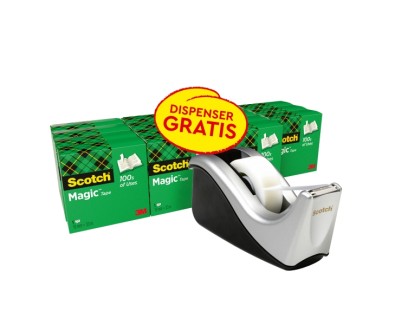 Scotch Magic Pack de 16 Cintas Adhesivas Invisibles 19mm x 33m + Dispensador Gratis - Color del Dispensador Negro/Gris