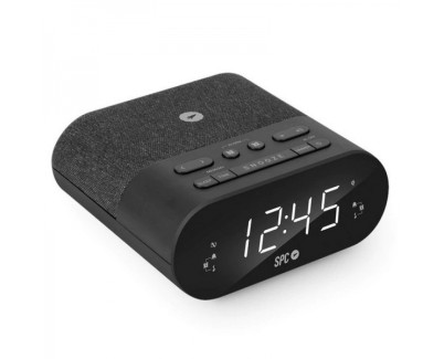 SPC Frodi Qi Radio Despertador con Base de Carga Inalambrica - Almacena Emisoras de Radio - 2 Alarmas Configurables - Color Negro