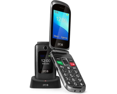 SPC Magnus Telefono Movil - Diseño de Concha - Teclas Grandes - Boton SOS - Base de Carga USB-C - Volumen de Timbre 95Db - Compatible con Audifonos - 2 Pantallas - Notificaciones Inteligentes - Llamadas Directas sin Agenda - Color Negro