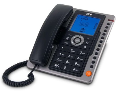 SPC Telefono Fijo Office Pro - Pantalla Iluminada Azul - Teclas Grandes - Memorias Directas - Manos Libres - Identificador de Llamadas - Funciones de Oficina - Diseño Elegante - Color Negro