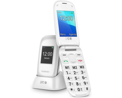 SPC Telefono Movil para Mayores con Botones Grandes - Tapa y Botones Retroiluminados - Boton SOS y Botones de Marcacion Directa - Control Remoto Mediante SMS - Doble Pantalla, Base de Carga y Conectividad - Color Blanco