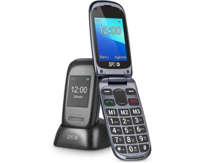 SPC Telefono Movil para Mayores con Botones Grandes - Tapa y Botones Retroiluminados - Boton SOS y Botones de Marcacion Directa - Control Remoto Mediante SMS - Doble Pantalla, Base de Carga y Conectividad - Color Negro