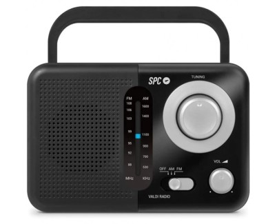 SPC Valdi Radio Portatil Analogica FM/AM 0.8W - Asa de Transporte - Entrada Jack 3.5mm - Antena Telescopica - Alimentacion AC y Pilas - Color Negro