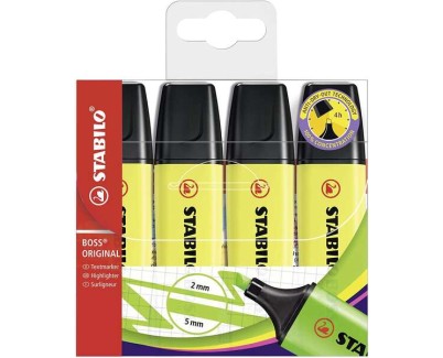 Stabilo Boss 70 Pack de 4 Marcadores Fluorescentes - Trazo entre 2 y 5mm - Recargable - Tinta con Base de Agua - Color Amarillo Fluorescente