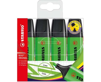 Stabilo Boss 70 Pack de 4 Marcadores Fluorescentes - Trazo entre 2 y 5mm - Recargable - Tinta con Base de Agua - Color Verde