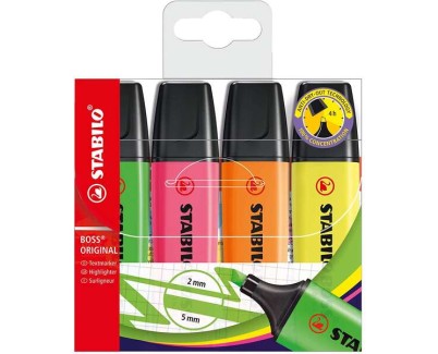 Stabilo Boss 70 Pack de 4 Marcadores Fluorescentes - Trazo entre 2 y 5mm - Recargable - Tinta con Base de Agua - Colores Surtidos