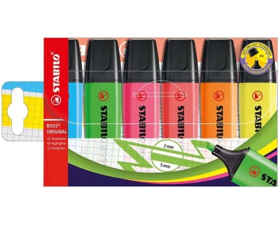 Stabilo Boss 70 Pack de 6 Marcadores Fluorescentes - Trazo entre 2 y 5mm - Recargable - Tinta con Base de Agua - Colores Surtidos