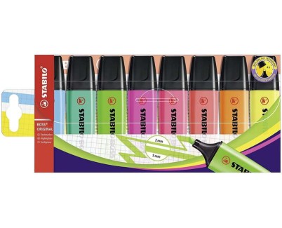 Stabilo Boss 70 Pack de 8 Marcadores Fluorescentes - Trazo entre 2 y 5mm - Recargable - Tinta con Base de Agua - Colores Surtidos