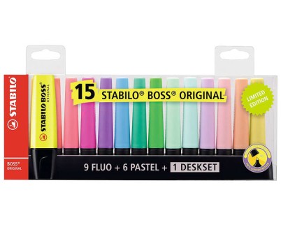 Stabilo Boss 70 Pack de Escritorio de 15 Marcadores Fluorescente - Practica Base para Escritorio - Trazo entre 2 y 5mm - Recargable - Tinta con Base de Agua - Colores 9 Fluo + 6 Pastel