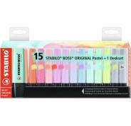 Stabilo Boss 70 Pack de Escritorio de 15 Marcadores Fluorescente - Practica Base para Escritorio - Trazo entre 2 y 5mm - Recargable - Tinta con Base de Agua - Colores Pastel Surtidos