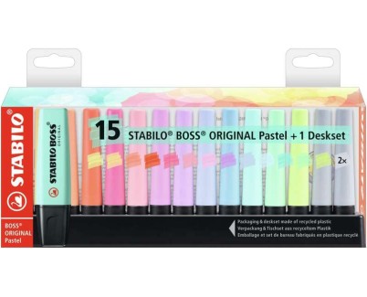 Stabilo Boss 70 Pack de Escritorio de 15 Marcadores Fluorescente - Practica Base para Escritorio - Trazo entre 2 y 5mm - Recargable - Tinta con Base de Agua - Colores Pastel Surtidos