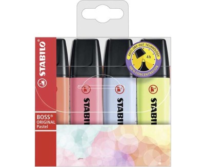 Stabilo Boss 70 Pastel Pack de 4 Marcadores Fluorescentes - Trazo entre 2 y 5mm - Recargable - Tinta con Base de Agua - Colores Surtidos