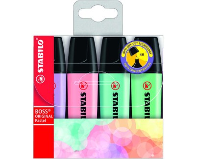 Stabilo Boss 70 Pastel Pack de 4 Rotuladores Marcadores Fluorescentes - Trazo entre 2 y 5mm - Recargable - Tinta con Base de Agua - Colores Pastel Surtidos