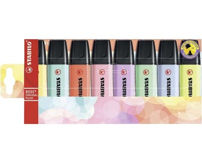 Stabilo Boss 70 Pastel Pack de 8 Marcadores Fluorescentes - Trazo entre 2 y 5mm - Recargable - Tinta con Base de Agua - Colores Surtidos
