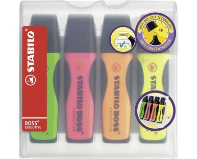 Stabilo Boss Executive Pack de 4 Marcadores Fluorescentes - Zona de Agarre - Trazo entre 2 y 5mm - Recargable - Tinta con Base de Agua - Colores Surtidos