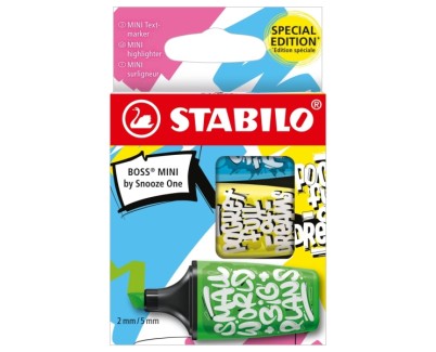 Stabilo Boss Mini by Snooze One Pack de 3 Mini Marcadores Fluorescentes - Trazo entre 2 y 5mm - Tinta con Base de Agua - Antisecado - Colores Surtidos
