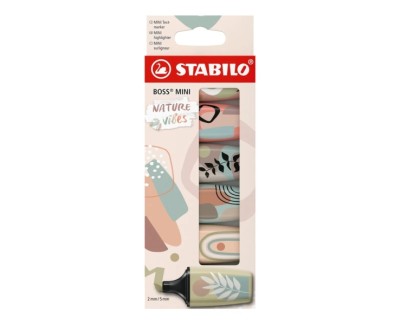 Stabilo Boss Mini Naturevibes Pack de 6 Marcadores Fluorescentes - Trazo entre 2 y 5mm - Tinta con Base de Agua - Antisecado - Colores Verde Barro, Verde Tierra, Ocre, Siena, Beige y Gris Calido