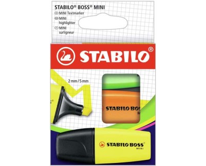 Stabilo Boss Mini Pack de 3 Marcadores Mini Fluorescentes - Trazo entre 2 y 5mm - Tinta con Base de Agua - Antisecado - Colores Surtidos
