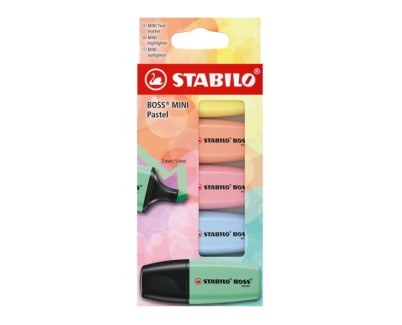 Stabilo Boss Mini Pastel Pack de 5 Marcadores Fluorescentes - Trazo entre 2 y 5mm - Tinta con Base de Agua - Antisecado - Colores Verde, Rosa, Azul, Naranja y Amarillo
