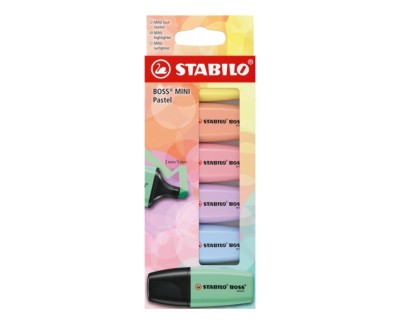 Stabilo Boss Mini Pastel Pack de 6 Marcadores Fluorescentes - Trazo entre 2 y 5mm - Tinta con Base de Agua - Antisecado - Colores Verde, Rosa, Azul, Violeta, Naranja y Amarillo