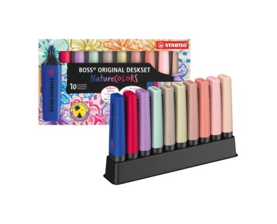 Stabilo Boss Naturecolors Pack de 10 Marcadores con Base para Escritorio - Incluye los 4 Nuevos Colores Wildflower - Trazo entre 2 y 5mm - Tinta con Base de Agua - Colores Surtidos
